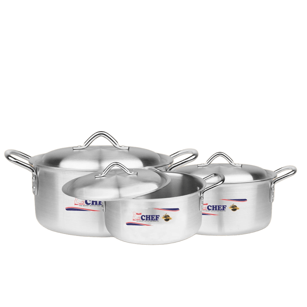 Chef Best Quality 3 Pcs Aluminum Casserole Royal Set / Handi Set – 32/36 cm-Metal Finish