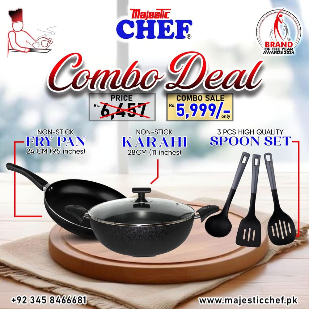 Nonstick Fyring Pan 24 cm – Wok 28 cm And Cooking Spoon Set 3 Pcs – Combo Deal #4