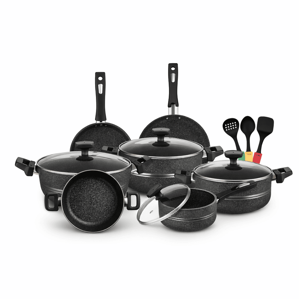 Chef Best Aluminum Non Stick Kitchen Set 15 Pcs New Arrival Cookware Set – Marble Coating Rebirth Black