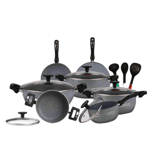 Chef Best Aluminum Non Stick Kitchen Set 15 Pcs New Arrival Cookware Set – Marble Coating Rebirth Grey